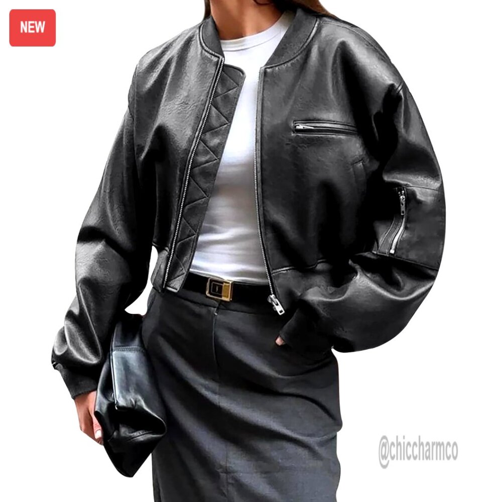 Faux Leather Cropped Bomber Jacket with Baseball Collar & Pockets